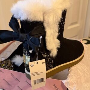 Juicy Couture Black Boots with Gold Glitter and White Fur NEW NEW WITH TAGS